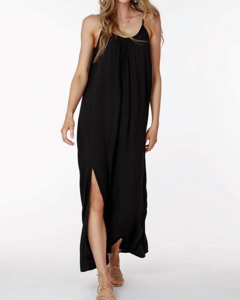Front of a model wearing a size Large Cami Maxi Dress Black in Black by bobi. | dia_product_style_image_id:345635